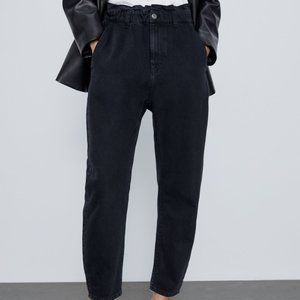 ZARA Black High Waisted Baggy Ankle Length Paperbag Jeans | Size 02